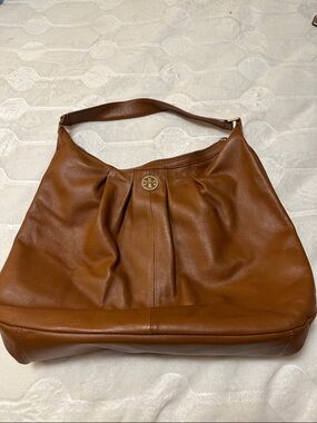 Tory Burch Cognac Leather Shoulder Hobo with Gold Logo